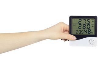 Electronic digital thermometer hygrometer with remote sensor in hand, isolated from background