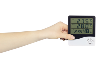 Electronic digital thermometer hygrometer with remote sensor in hand, isolated from background