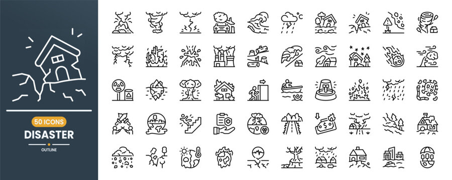 Disaster vector line icon set. Contains linear outline icons like volcano, hurricane, thunder, accident, wave, flood, earthquake, danger, tornado, storm, eruption, pollution. Editable use and stroke.