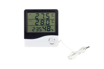 Electronic digital thermometer hygrometer with remote sensor, isolated from background