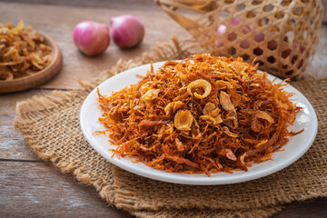 Fried shredded pork on white plate (Moo Foi), Thai food
