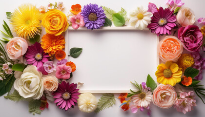 Fototapeta premium Frame with colorful flowers on clear white background. Greeting card design for holiday, Mot