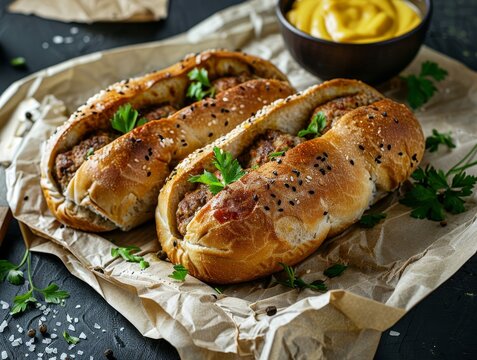 Bavarian takeout Three meat loaf roll ups with mustard on paper with a napkin