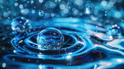Close-up of water droplets creating ripples on a blue liquid surface. The background is blurred with bokeh lights, emphasizing the fluid motion concept