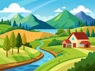 colorful illustration of rural barn house countryside scenery