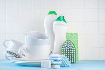 Dishwasher tablet for dish washing, detergents and accessories with plates