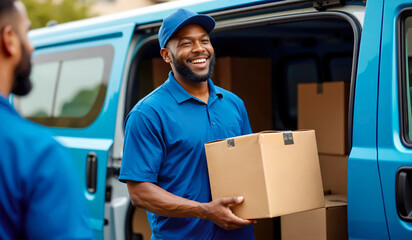 African American Delivery Worker Smiling While Unloading Packages from Delivery Vehicle