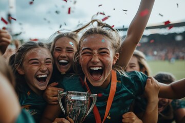 A group of ecstatic girls in green uniforms celebrates their game victory, holding a shiny trophy and smiling brightly under a bright sky, showcasing their energy and team spirit.