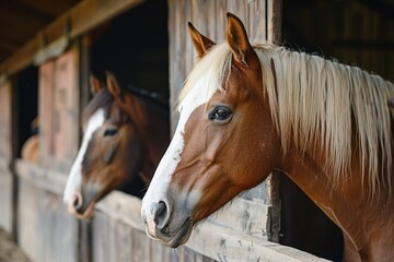 Fototapeta premium Feeding brown and white horses in the stable
