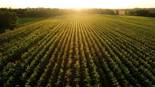Drone view over lush corn fields