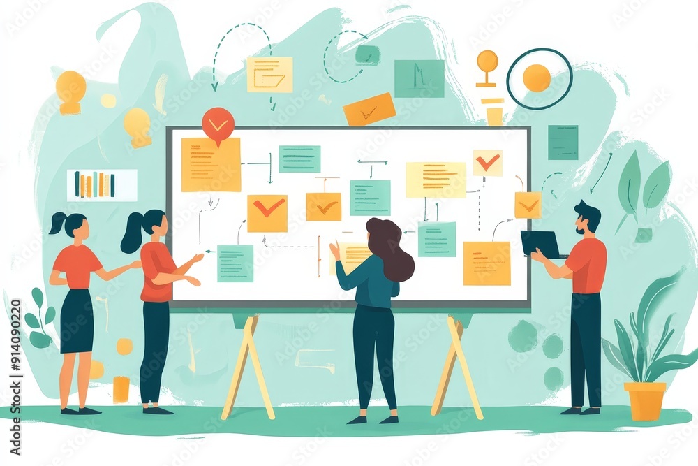 Poster collaborative strategy session: minimalist workflow discussion with team members in flat illustratio