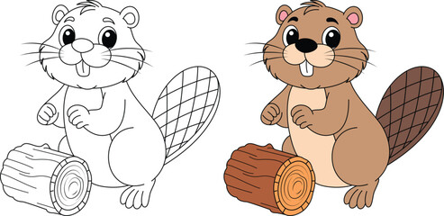 Cute Beaver Isolated on White Background Outline Coloring Page