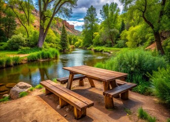 Obraz premium Rustic wooden table and benches situated in a serene recreation area surrounded by lush greenery and overlooking a gentle small river in Utah, USA.