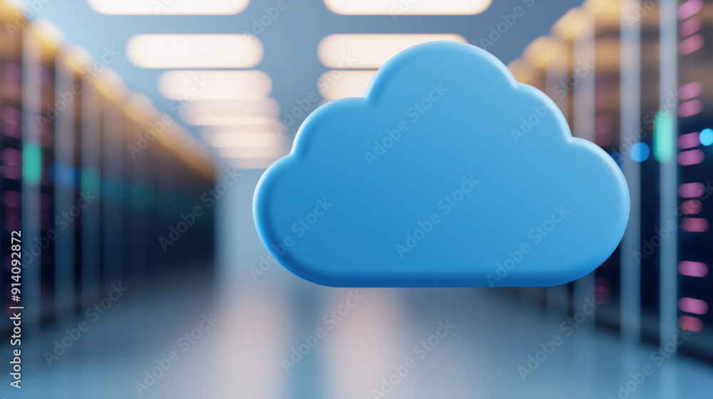 Poster blue cloud icon in foreground with blurred data servers in background, representing cloud computing 