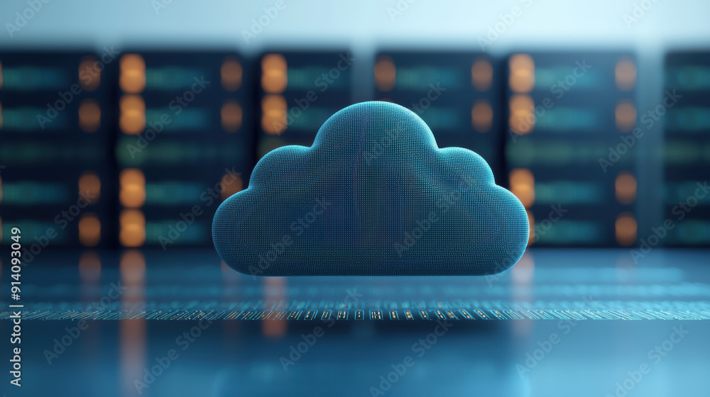 Poster cloud computing concept with digital data and server background, representing modern technology, onl