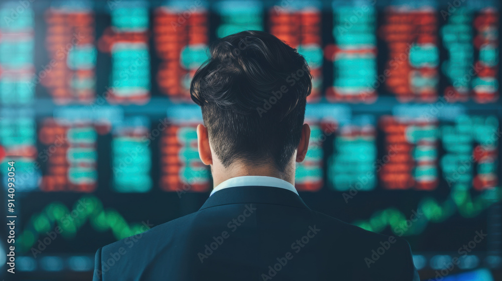 Poster businessman analyzing stock market data on multiple computer monitors. financial graphs and market t