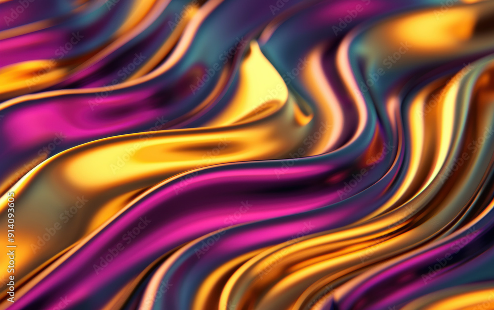 Poster vibrant and colorful abstract fluid artwork in a dynamic swirling pattern of gold, purple, and teal 