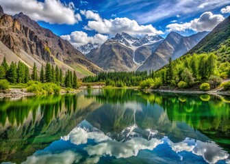Fototapeta premium Scenic Pyala Lake amidst majestic mountains, surrounded by lush greenery, reflects serene beauty, adjacent to a rugged off-road track, in Northern Pakistan's Jalkhad region.