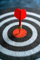 Red dart hitting bullseye in center of black and white target, symbolizing accuracy and precision. Ideal for business success and strategic planning themes.