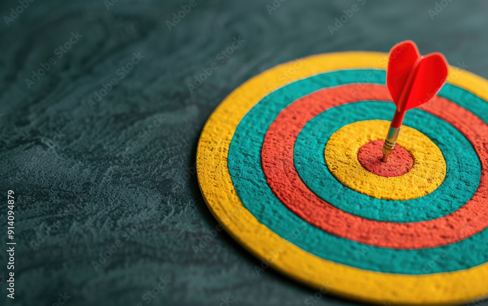 Aufkleber close-up of a red dart hitting the center of a colorful target on a textured dark surface, symbolizi