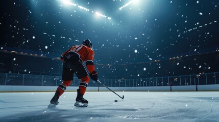 Obraz premium Illuminated Rink: American Hockey Player's Dynamic Shot