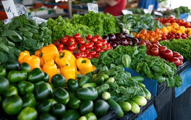 Vibrant market display of fresh vegetables showcasing a variety of colors and textures, perfect for healthy eating themes.