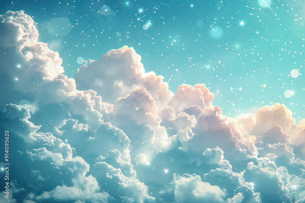 Poster a mesmerizing view of fluffy clouds under a bright blue sky filled with sparkling stars and soft lig