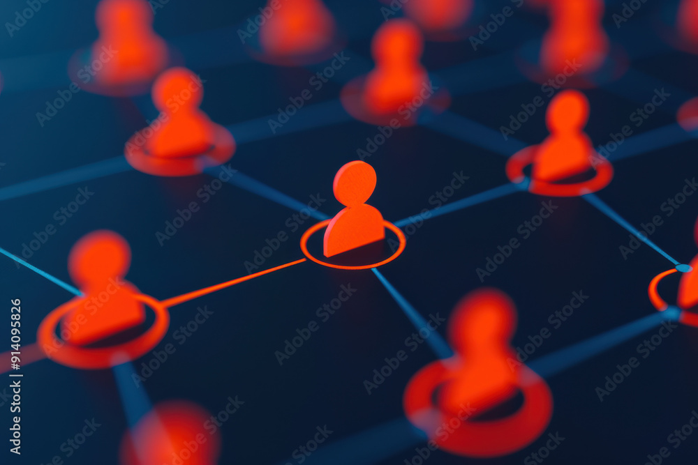 Aufkleber illustration of interconnected people with red figures in various positions on a dark background, re