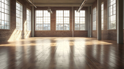 Fototapeta premium Empty warehouse interior, industrial space, large windows, wooden floor, brick walls