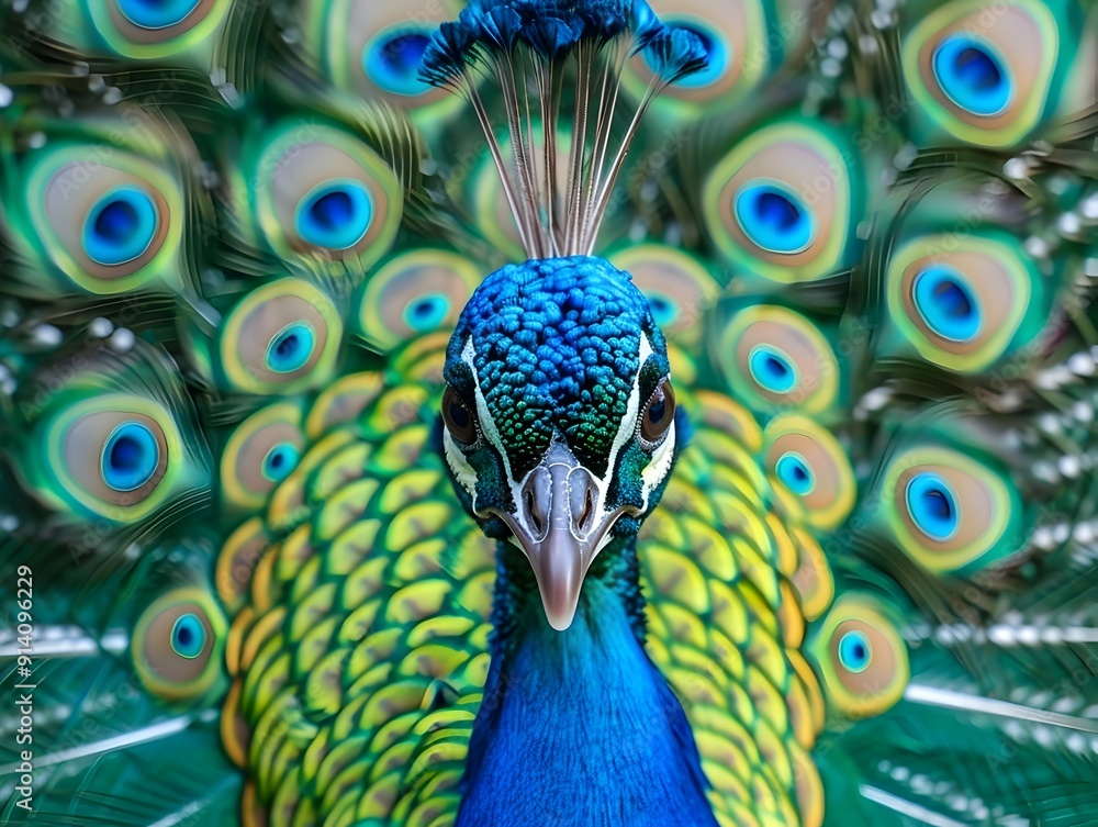 Poster vibrant peacock with shimmering feathers displaying its colorful array