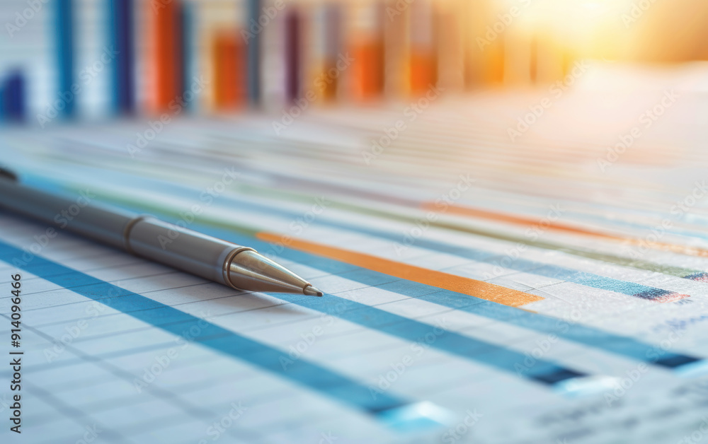 Aufkleber close-up of pen on financial chart with bar graphs in background, symbolizing data analysis, busines