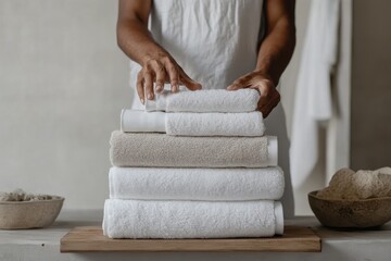 Close-up of hands organizing a stack of mixed color towels on a board, demonstrating a meticulous arrangement and attention to cleanliness and household order.