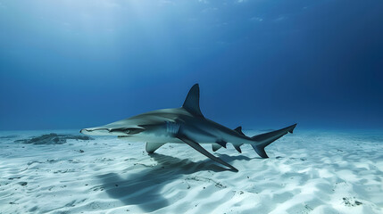 Obraz premium Lone hammerhead shark swimming gracefully through clear blue waters, blending with the vast ocean.