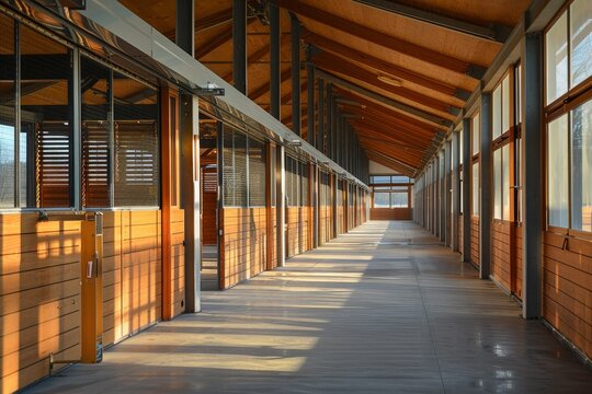 Modern horse farm with wooden and steel stables designed for daylight