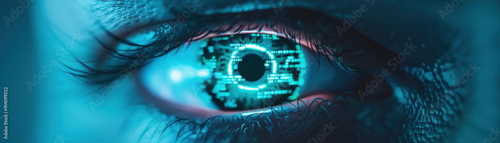 Poster close-up shot of an eye with a digital interface reflecting futuristic technology and data visualiza