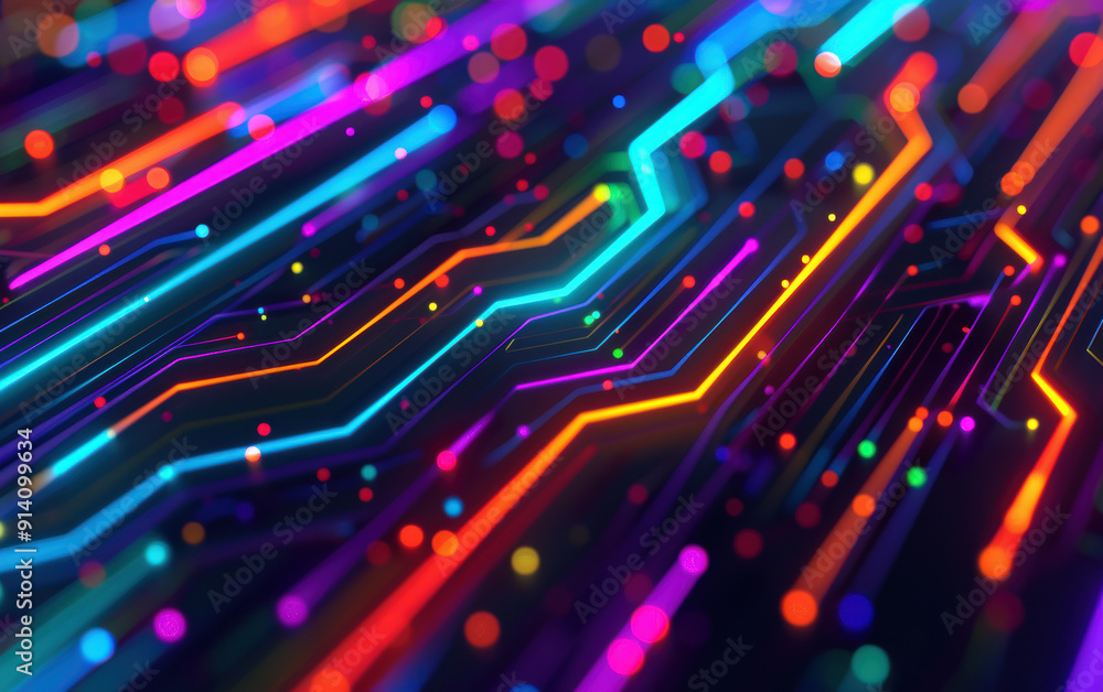 Poster abstract digital neon background with vivid colors and circuit lines, depicting modern technology an