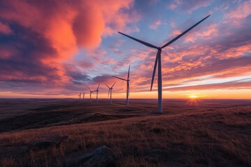 Obraz premium A stunning sunset scene with multiple wind turbines in an open field, silhouetted against a sky ablaze with colorful clouds, reflecting renewable energy and nature's beauty.