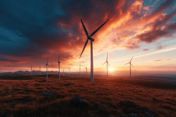 Fototapeta premium Wind turbines dot the hilltops at sunset, turning steadily and generating clean energy, symbolizing progress towards renewable energy solutions and sustainable environmental practices.