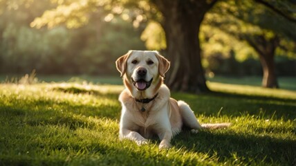 A dog is laying on the grass in a park