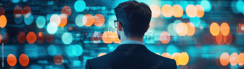 Poster businessman facing digital interface with data visualization and bokeh lights, representing modern t