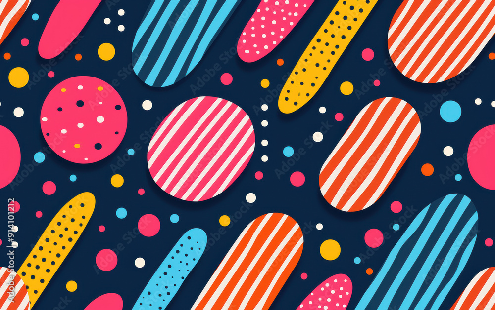 Aufkleber colorful abstract geometric pattern with stripes and dots on a dark background. vibrant shapes and m