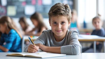 Cheerful Schoolboy Writing on Paper During Class Time