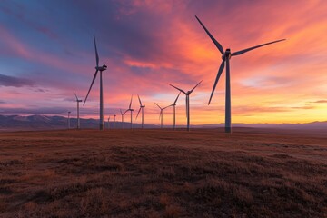 Fototapeta premium Against the backdrop of a vibrant sunset sky, wind turbines stand tall, embodying the intersection of cutting-edge technology and the timeless beauty of nature.