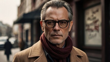 A man wearing glasses and a scarf stands in front of a building