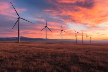 Obraz premium A scenic landscape with multiple wind turbines lined up against a vibrant sunset sky, capturing sustainable energy in a picturesque environment.