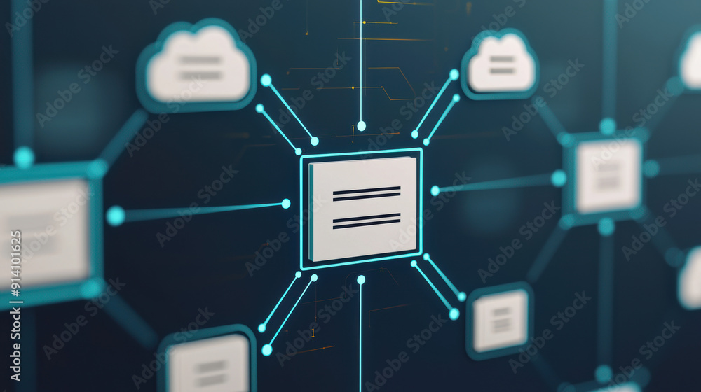 Poster digital cloud network diagram with interconnected data nodes and servers depicting advanced technolo