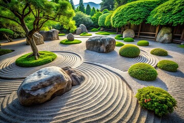 Serene Zen garden features intricate swirling patterns in the sand, surrounded by carefully placed stones and lush greenery, evoking a sense of peaceful contemplation.