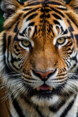 A tiger with a yellowish-green eye stares at the camera