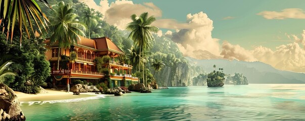 Vintage travel poster advertising an exotic destination, 4K hyperrealistic photo