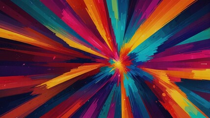 A colorful, abstract painting with a bright yellow center
